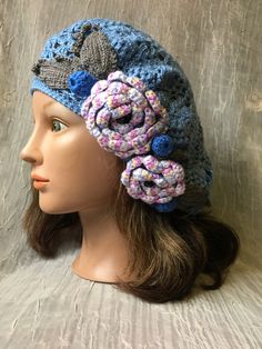 Ooak . Hand crochet summer beret. Will fit all sizes .Mannequin head size is 21 inches, I have 23 and it fits nice . Pretty periwinkle blue color with roses and a few beads . . Feel free to email me any questions. Thanks. Hand Knitted Blue Brimmed Hat, Blue Hand Knitted Brimmed Hat, Bohemian Blue Crochet Hat For Spring, Blue Hand Knitted Hats For Spring, Blue Knitted Hat For Spring, Spring Bohemian Blue Crochet Hat, Blue Bohemian Crochet Hat With Brim, Blue Bohemian Beanie Hat, Blue Brimmed Bohemian Crochet Hat