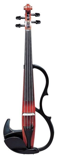 a red violin on a black stand against a white background