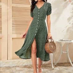 Boho Green Floral Print Button Up V Neck Dress Xs S M L Xl, Polyester/Elastane, Ships In 7-8 Days Western Dresses For Women, Below The Knee Dresses, Ditsy Floral Dress, Womens Floral Dress, Split Dress, Button Up Dress, Western Dresses, Tea Dress, Ditsy Floral