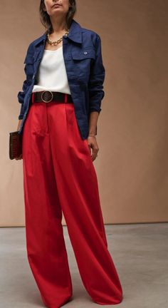 Modern Work Wear Women, Work Outfits With Red Pants, Casual Red Pants Outfit, Red Jeans Outfit Summer, Fashion Executive Aesthetic, Red Top Jeans Outfit, Orange Heels Outfit Classy, Monochromatic Red Outfit, Wine Outfits For Women