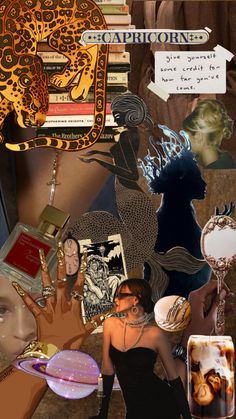 a collage of photos with various items in the middle and one woman's face