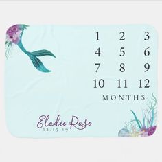 an aqua blue and purple mermaid themed baby blanket with the date for each month on it