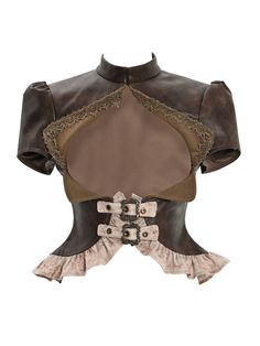 The open bust design and banded collar create a bold and alluring look, perfect for those who want to make a statement. The steampunk elements add an extra layer of style, making this top a standout piece for any occasion. Made from high-quality PU leather, it's both durable and stylish, making it a must-have for any fashion-forward individual.   	 		 			Size 			S 			M 			L 			XL 		 		 			Bust 			84 			88 			92 			96 		 		 			Waist 			67 			71 			75 			79 		 		 			Neck Circumference 			38 			39 Puff Sleeve Corset Top, Outer Cardigan, Retro Jacket, Leather Outerwear, Distressed Shorts, Collar Top, Character Outfits, Art Clothes, European Style