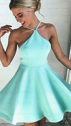 https://www.simple-dress.com/sexy-a-line-mint-green-short-homecoming-dress-cocktail-dress.html Halter Homecoming Dress, Green Homecoming Dresses, Cheap Evening Dresses