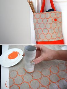 two pictures one with an orange and white bag, the other shows a hand holding a cup