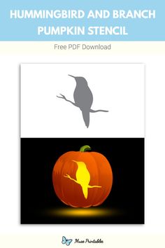 a pumpkin with the words hummingbird and branch on it, in front of an image of