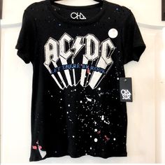 Nwt. Never Worn. No Damage. Chaser Let There Be Rock Acdc Shirt With Glitter Details. Gauzy Cotton With Burnout Holes On Top Sides And Bottom. Really Cute Rock Band Shirt! Stretchy Comfy Cotton. B-4 Fitted Rock Style T-shirt For Summer, Rocker Graphic Print Tops For Spring, Rocker Fitted Cotton Top, Black Distressed Rocker Tops, Cotton Rocker Top, Rocker Style Fitted Cotton Top, Fitted Cotton Rocker Top, Fitted Rocker Cotton Tops, Rocker Style Tops For Spring Concerts