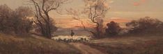 an oil painting of people walking down a dirt road with trees on either side and sunset in the background