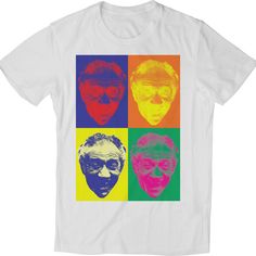 three men's faces in different colors on a white t - shirt