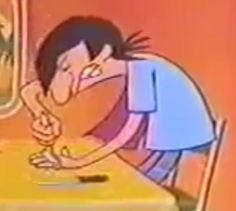 an animated image of a man cutting something on a table with a knife and fork