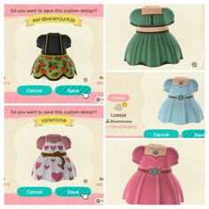 several different types of dresses on display in an animal crossing game character's screenshot