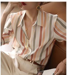 Multi Soft Colors Striped Elegant Basic Shirt – 4Colordress Korean Fashion Shirt, Womens Basic Tops, Leisure Fashion, Autumn Clothes, Basic Shirts, Women T Shirts, Fashion Seasons, Shirt For Women, Korean Outfits