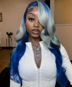 Grey And Blue Wig, Blue Highlight Wigs For Black Women, Green And Blue Wigs Black Women, Wig Hair Colors, Wigs For Black Women Color, Coloured Wigs, Blonde And Blue Hair, Pretty Wigs, Unicorn Hair Color