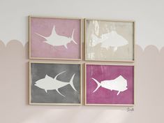 four framed pictures with different types of fish on them