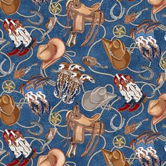 a blue background with horses, hats and lassos on it's sides is featured in this image