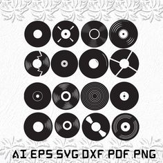 various types of vinyl records are shown in black and white, with the words aieps svdxf png