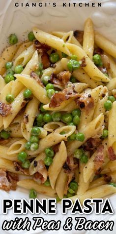 penne pasta with peas and bacon in a white bowl