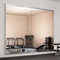 there is a mirror in the room with dumbs and exercise equipment