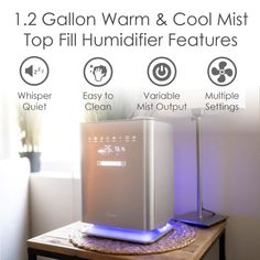 an image of a computer tower on top of a table with the words, 12 gallon warm & cool mist top fill humider features