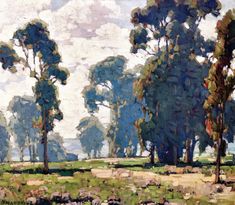 an oil painting of trees and grass on a sunny day