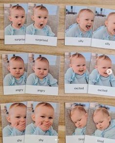 several pictures of babys with different expressions on them