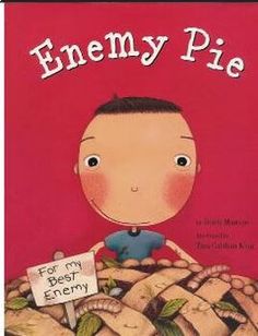 the book cover for enemyy pie, with an image of a boy sitting on top of a pile of bread