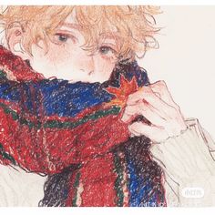 a drawing of a young boy wearing a red, blue and green scarf with a maple leaf on it