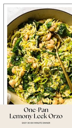 one pan lemony leek orzo with spinach and chickpeas in a skillet