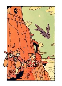 an image of a cartoon scene with birds flying over the mountain side and people climbing up to the cliff