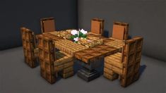 a wooden table and chairs made out of pallet wood with minecraft characters on them