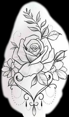 a drawing of a rose with leaves on it