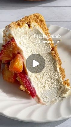 a piece of cake on a white plate with the words peach gump cheesecake