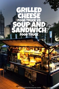 an outdoor food truck with the words grilled cheese food truck v5 soup and sandwich food truck