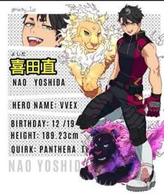 the poster for nao yoshida hero name - vex and his birthday date