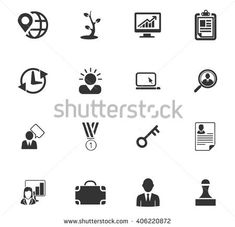 black and white business icons on a white background with clipping for text or image