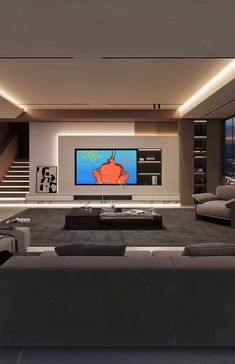 a large living room with couches and a flat screen tv in it's center