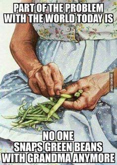 a woman cutting green beans on top of a white plate with words written below it