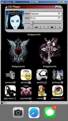 an iphone screen with various stickers on the front and back side, including icons