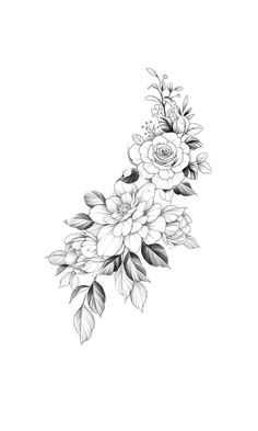 a black and white drawing of flowers with leaves on the bottom half of each flower