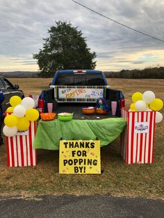 We used a cardboard box, white poster board and red duck tape for the popcorn boxes and yellow and white balloons tied together with kite string for popcorn. Popcorn Trunk Or Treat Ideas For Cars, Trunk Or Treat Concession Stand, Trunk Or Treat Ideas For Trucks Church, Truck And Treat Ideas, Jesus Sweetest Name I Know Trunk, Lets Taco Bout Jesus Trunk Or Treat, Police Trunk Or Treat, Trunk Or Treat Ideas For Suv Christian, Pickup Truck Trunk Or Treat Ideas