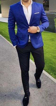 Blue Suit Black Pants Men, Camisa Azul Hombre Outfit Formal, Blue Blazer And Black Pants, Outfit Saco Azul, Blue Colour Shirt, Blue Sport Coat