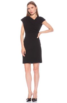 Transition effortlessly from desk to dinner in this body-con dress fashioned with an asymmetric neckline and cap sleeves. 38 1/2" length (size X-Small) Hidden back-zip closure Asymmetric neck Cap sleeves Lined 95% polyester, 5% spandex Machine wash, tumble dry Imported Model stats: 5'10" height, 32" bust, 25" waist, 36" hip. Model is wearing size X-Small. Fitted V-neck Bodycon Dress With Side Zipper, Fitted Bodycon Dress With V-neck And Side Zipper, Asymmetrical Neckline Elastane Bodycon Dress, Fitted Elastane Bodycon Dress With Asymmetrical Neckline, Asymmetrical Neckline Mini Dress For Work, Sleek Fitted Short Sleeve Bodycon Dress, Elegant Cap Sleeve Bodycon Dress, Fitted Mini Dress With Side Zipper For Work, Black Mini Dress With Asymmetrical Neckline For Work