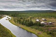 an aerial view of a river running through a lush green field next to a forest