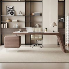 an office with a desk, chair and bookcase