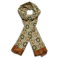 Brux | Brown & Green Vintage Floral Cotton Mix Scarf | In stock! | Bohemian Revolt Cooling Scarf, Elegant Scarves, Wardrobe Planning, Black Scarf, Brown Coat, Cotton Scarf, Mens Casual, Beige Brown, Daily Look