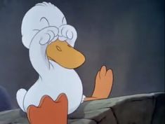 an animated duck sitting on top of a wooden ledge next to another cartoon character in the background