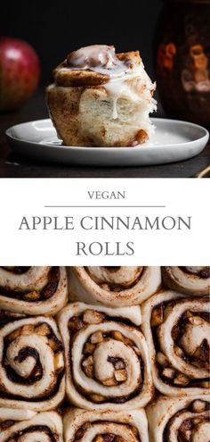 an apple cinnamon roll on a plate with the title vegan, apple cinnamon rolls