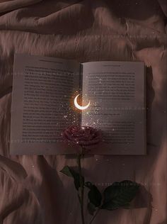 an open book sitting on top of a bed next to a rose and a crescent