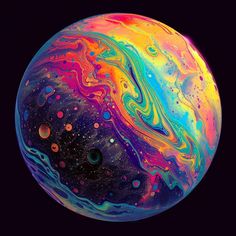 an image of a colorful planet with lots of bubbles on it's surface and colors in the sky