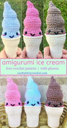 three crocheted ice cream cones in different colors and sizes, with the words amigur